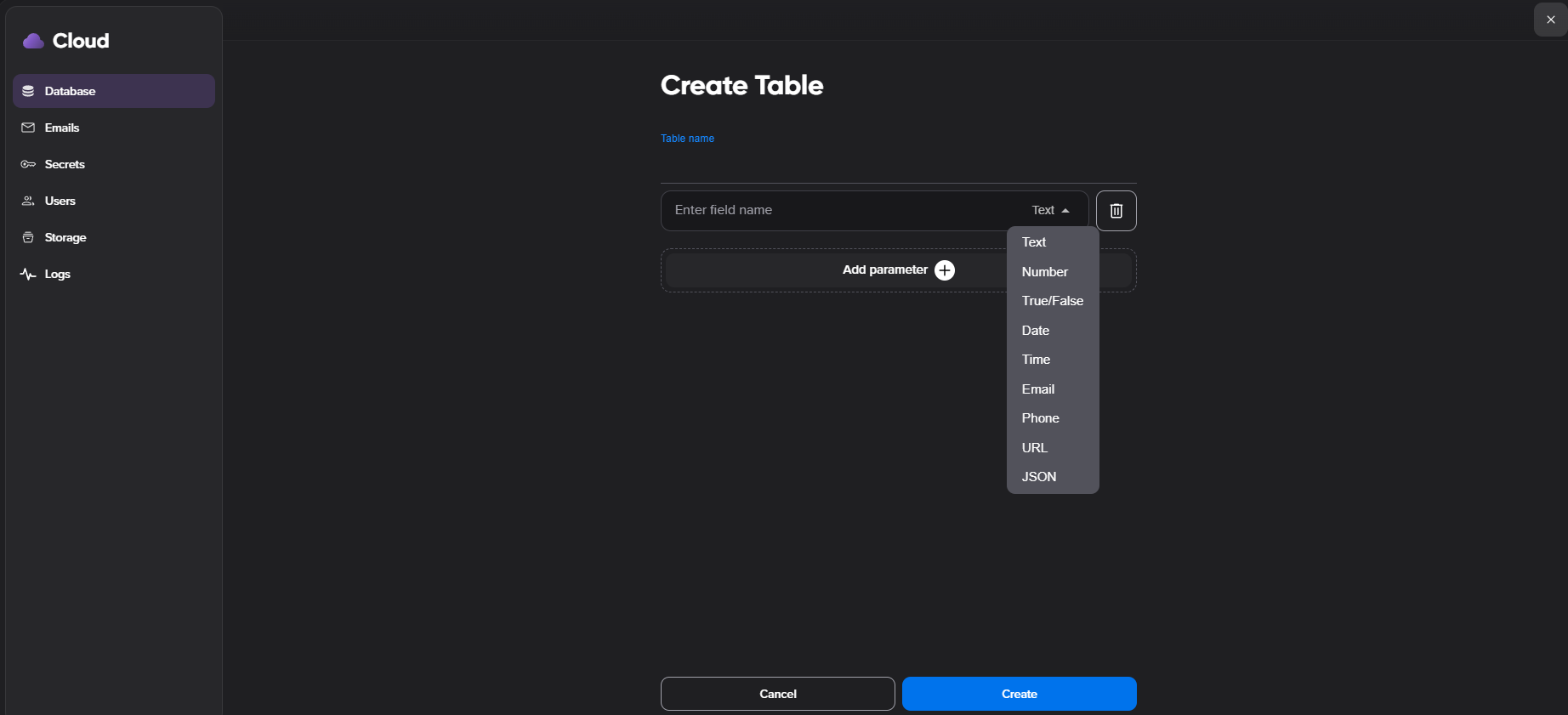 Remixer Create Table screen with a Table name field, an Enter field name row, and a field-type dropdown listing Text, Number, True/False, Date, Time, Email, Phone, URL, and JSON.