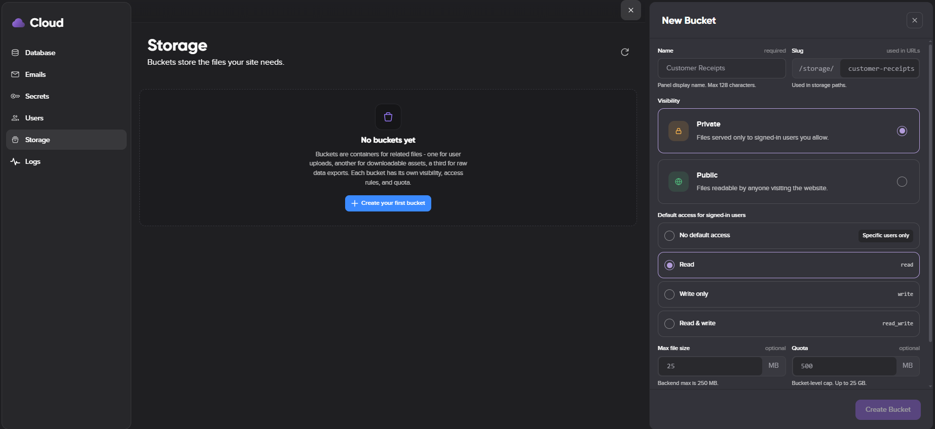 Remixer Storage panel with the New Bucket form open, showing Name and Slug fields, Private or Public visibility, default access options of none, read, write, or read and write, and optional max file size and quota.